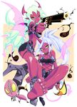  absurdres bare_shoulders blue_hair demon_girl fastener_(psg) feet glasses gun handgun highres horns kneesocks_(psg) luceva multiple_girls one_eye_closed panty_&amp;_stocking_with_garterbelt pink_skin ponytail red_skin revolver scanty_(psg) single_thighhigh smile thighhighs weapon white_hair wings 