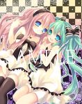  bad_id bad_pixiv_id bare_shoulders bow checkered checkered_background dress hair_bow hair_ribbon hatsune_miku jewelry kosuzume long_hair megurine_luka multiple_girls necklace ribbon sample strapless strapless_dress thighhighs very_long_hair vocaloid 