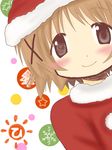  1000000 1girl black_eyes blush brown_hair christmas get gooding_get hair_ornament hairclip hat hidamari_sketch santa_hat short_hair siwasu38 smile solo yuno 