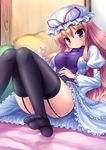  blonde_hair feet garter_straps garters hat legs long_hair long_legs purple_eyes shirt sitting solo takeponi taut_clothes taut_shirt thighhighs thighs touhou yakumo_yukari 