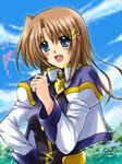  blue_eyes brown_hair long_hair lyrical_nanoha mahou_senki_lyrical_nanoha_force mahou_shoujo_lyrical_nanoha_strikers military military_uniform san-pon solo uniform yagami_hayate 