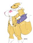  anthro big_breasts blue_eyes breasts canine claws digimon dmitrys female fox fur furry gloves hands_on_hips mammal markings muscle muscles muscular_female neck_ruff nipples nude plain_background pose pussy renamon sketch smile solo white_background yellow_fur 