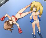  2girls ass bikini blonde_hair blue_eyes boxing boxing_gloves breasts brown_hair cleavage defeated fang large_breasts multiple_girls ponytail shamanwer swimsuit thong twintails unconscious 