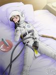  bed belt blush bodysuit bowl breasts brown_eyes commentary diaper enema fingering gegege_no_kitarou gloves hat helmet legs lying masturbation medium_breasts nasa_logo nekomusume on_back open_mouth pee peeing pillow pilot_suit pipes pussy red_hair short_hair solo spacesuit spread_legs stain syringe uzushio_(uzusio) visor 