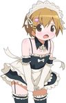  alternate_costume apron bad_id bad_pixiv_id blush brown_eyes brown_hair cosplay crossdressing elbow_gloves enmaided garters gloves hair_ornament hairclip kore_ga_watashi_no_goshujin-sama maid maid_headdress mako-chan_(minami-ke) makoto_(minami-ke) male_focus minami-ke nakabayashi_yoshitaka's_maid_uniform open_mouth otoko_no_ko puuyan short_hair skirt skirt_tug solo thighhighs 