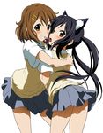  akikan_(credit) animal_ears black_hair blush brown_eyes brown_hair cat_ears cherry face food fruit grin hair_ornament hairclip hirasawa_yui hug k-on! long_hair mouth_hold multiple_girls nakano_azusa school_uniform shared_food short_hair skirt smile sweater_vest tongue twintails yuri 