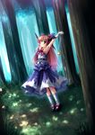  arm_hug armpits arms_up belt bow chain forest hair_bow horns ibuki_suika light_rays long_hair nature one_eye_closed orange_hair ribbon solo standing stretch sunbeam sunlight takeponi touhou wrist_cuffs yellow_eyes 
