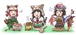  &gt;_&lt; :3 aonagi_ibane armor bloomers blush boned_meat campfire closed_eyes cooking fang fire food houjuu_nue kaenbyou_rin meat mini-hakkero monster_hunter multiple_girls musical_note reiuji_utsuho touhou trembling underwear x3 |_| 