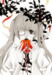  apple bandage_over_one_eye eyepatch female food fork fruit hatsune_miku karuto knife long_hair monochrome solo spot_color top_secret_(vocaloid) twintails vocaloid 