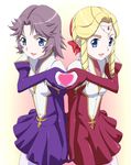  blonde_hair blue_eyes bodysuit drill_hair heart heart_hands heart_hands_duo holding_hands latooni_subota multiple_girls pilot_suit purple_hair ribonzu shine_hausen short_hair simple_background super_robot_wars super_robot_wars_original_generation 