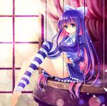  bad_id bad_pixiv_id blue_eyes bow dress dressing hair_bow indoors long_hair multicolored multicolored_eyes multicolored_hair necktie panty_&amp;_stocking_with_garterbelt pink_hair purple_hair shiramori_yuse single_thighhigh sitting smile solo stocking_(psg) striped striped_legwear thighhighs two-tone_hair window 