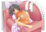  animal_ears barefoot black_hair blush bracelet bunny_ears chair easy_chair feet inaba_tewi jewelry looking_at_viewer niji_sugi pillow pillow_hug red_eyes short_hair shy socks solo themed_object toe_scrunch touhou 