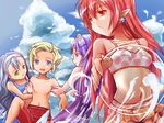  artist_request bikini bikini_skirt blonde_hair blue_eyes blush cloud day earrings green_eyes hair_ribbon hairband jewelry karin_(rune_factory) long_hair mice_(rune_factory) midriff multiple_girls navel pointy_ears purple_eyes purple_hair red_eyes red_hair ribbon rune_factory rune_factory_3 shirtless silver_hair skirt sky sofia_jalapeno_viviage swimsuit toona transparent water 