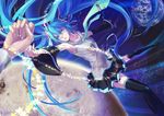  aqua_eyes aqua_hair aqua_nails bad_id bad_pixiv_id detached_sleeves hands hatsune_miku long_hair naa_co nail_polish necktie planet skirt solo space star tears thighhighs twintails very_long_hair vocaloid zettai_ryouiki 