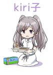  1girl :d bandage bandaid character_name dress eyebrows_visible_through_hair food highres holding holding_food idolmaster idolmaster_shiny_colors kamelie kiri long_hair open_mouth pun purple_eyes seiza silver_hair simple_background sitting smile solo twintails white_background white_dress yuukoku_kiriko 