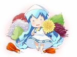  barefoot blue_eyes blue_hair chibi dress flower food hat hiro_hiroki ikamusume long_hair mini-ikamusume minigirl o_o sashimi shinryaku!_ikamusume solo wasabi 