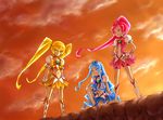  blonde_hair blue_choker blue_eyes blue_hair blue_skirt boots bow chikuyama choker cloud cure_blossom cure_marine cure_sunshine hanasaki_tsubomi heart heartcatch_precure! knee_boots kurumi_erika long_hair magical_girl midriff multiple_girls myoudouin_itsuki navel orange_background orange_choker orange_skirt pink_bow pink_choker pink_eyes pink_hair pink_skirt ponytail precure skirt sky sunset thighhighs twintails yellow_bow yellow_eyes 