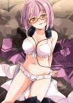  absurdres bikini bow bowtie bowtie_removed breasts eyebrows_visible_through_hair frilled_bikini frills glasses head_tilt headphones headphones_around_neck highres jacket jacket_removed large_breasts leaning_back looking_at_viewer mousou_(mousou_temporary) nave purple_hair purple_jacket purple_neckwear red-framed_eyewear semi-rimless_eyewear shinjou_akane short_hair sitting smile solo ssss.gridman swimsuit tinted_eyewear under-rim_eyewear white_bikini 