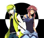  2boys bare_shoulders blonde_hair blue_eyes fuuro_(pokemon) genderswap gloves grin gym_leader hand_on_hip headphones jacket kamitsure_(pokemon) multiple_boys pokemon pokemon_(game) pokemon_black_and_white red_hair short_hair smile tank_top 