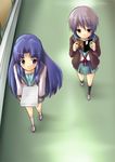  asakura_ryouko blue_eyes blue_hair book cardigan chipa_(arutana) from_above grey_hair kita_high_school_uniform long_hair multiple_girls nagato_yuki school_uniform serafuku short_hair suzumiya_haruhi_no_yuuutsu 