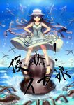  aircraft airplane barefoot blue_eyes blue_hair g.h_(gogetsu) hat highres ikamusume long_hair parody shinryaku!_ikamusume solo squid tentacle_hair 