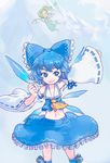  arm_up ascot blue_eyes blue_hair cirno cosplay daiyousei face hakurei_reimu hakurei_reimu_(cosplay) highres md5_mismatch midriff multiple_girls navel short_hair skirt smile touhou wings yst 