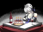  alcohol birthday birthday_cake breasts caffein cake candle cleavage cup drinking_glass food kotatsu large_breasts lonely long_hair ponytail silver_hair solo table vocaloid voyakiloid wine wine_glass yowane_haku 