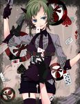  ace bad_id bad_pixiv_id blue_eyes card card_in_mouth facepaint falling_card formal garters gloves green_hair grey_card gumi highres holding holding_card horns manyako_(mohumohu) mouth_hold necktie playing_card poker_face_(vocaloid) short_hair shorts smile solo suit thighhighs vocaloid 