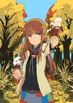  autumn brown_eyes brown_hair food highres kitano_yuusuke long_hair original plaid plaid_scarf scarf solo sweet_potato yakiimo 