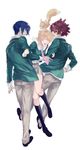  2boys agemaki_wako animal arm_grab blonde_hair blue_hair closed_eyes highres multiple_boys open_mouth prez_(star_driver) red_hair school_uniform shindou_sugata short_hair simple_background skirt smile southern_cross_academy_uniform star_driver tsunashi_takuto white_background yaku_(ziroken) |_| 