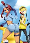  2girls ass bare_shoulders blonde_hair blue_eyes breasts brown_hair character_request cleavage female fuuro_(pokemon) gloves gym_leader highres huge_ass kamitsure_(pokemon) large_breasts long_hair looking_back multiple_girls open_mouth pikachu pokemon poorly_drawn short_hair smile 