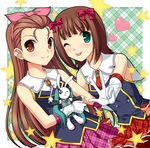  amami_haruka bad_id bad_pixiv_id brown_eyes brown_hair bunny gloves green_eyes hairband highres idolmaster idolmaster_(classic) long_hair minase_iori multiple_girls one_eye_closed plaid plaid_skirt schoolish_girl_(idolmaster) short_hair skirt tongue totokichi 