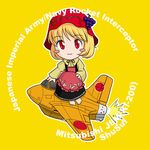  aircraft airplane aki_minoriko barefoot blonde_hair blush_stickers chibi commentary food fruit grapes hat j8m_shuusui military red_eyes rocket sakurato_tsuguhi short_hair solo touhou world_war_ii 