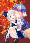  bamboo_broom bloomers bob_cut bobby_socks broom closed_eyes happy hat highres hug hug_from_behind konpaku_youmu leaf loafers maple_leaf muku_(muku-coffee) multiple_girls one_eye_closed pink_hair saigyouji_yuyuko shoes short_hair silver_hair sitting socks touhou underwear white_hair 