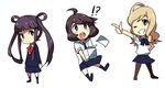  3girls ahoge blazer blonde_hair blush brown_hair chibi donut_(raemz) green_eyes grin hair_rings jacket long_hair multiple_girls necktie open_mouth original pantyhose paper pleated_skirt pointing purple_hair ribbon school_uniform short_hair skirt smile twintails weee_(raemz) 