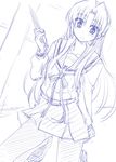  asakura_ryouko blush kita_high_school_uniform kneeling knife long_hair monochrome nagami_yuu pantyhose school_uniform serafuku sketch solo suzumiya_haruhi_no_yuuutsu yandere 