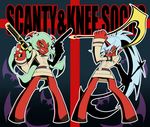  2girls double_gold_lacytanga double_gold_spandex fang glasses gun horns kneesocks_(character) kneesocks_(psg) multiple_girls panty_&amp;_stocking_with_garterbelt pointy_ears scanty scanty_(psg) scythe smile weapon 