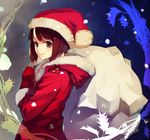  bob_cut brown_eyes brown_hair christmas coat face hat hood hooded_jacket jacket mittens original sack santa_costume santa_hat shirabi short_hair smile snow solo 