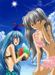  alternate_hairstyle aqua_sarong ball beachball bikini blue_hair blush cloud day frilled_bikini frills front-tie_top fujiwara_no_mokou hat highres kamishirasawa_keine long_hair multiple_girls red_eyes sarong skirt sky swimsuit touhou twintails yamamoto_arifred 