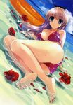  1girl absurdres arm_support ass bare_shoulders barefoot beach bikini blue_eyes blush bow bracelet breasts brown_hair cleavage cloud collarbone feet fingernails flower hair_bow highres innertube jewelry large_breasts legs long_hair long_legs looking_at_viewer lying misaki_kurehito nail_polish ocean on_side original outdoors petals polka_dot polka_dot_bikini polka_dot_swimsuit red_nails sky smile solo swimsuit thighs toenails toes water 