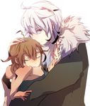  1girl accelerator ahoge albino bad_id bad_pixiv_id brown_eyes brown_hair choker closed_eyes coat fur_collar hinatsu hug jewelry last_order necklace protecting red_eyes scarf short_hair smile to_aru_majutsu_no_index white_hair 