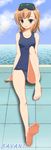  absurdres bad_id bad_pixiv_id barefoot brown_eyes brown_hair feet foreshortening head_mounted_display highres kagura0 legs long_toenails misaka_imouto one-piece_swimsuit school_swimsuit solo swimsuit to_aru_majutsu_no_index toenails 