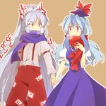  blue_hair bow dress enpera fujiwara_no_mokou hair_bow hanjuku_tomato hat holding_hands kamishirasawa_keine long_hair multicolored_hair multiple_girls pants red_eyes scarf silver_hair smile suspenders touhou two-tone_hair very_long_hair 