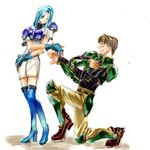  1boy 1girl aqua_eyes aqua_hair armor belt boots brown_hair couple eyes_closed fiora fiora_(fire_emblem) fire_emblem fire_emblem:_rekka_no_ken fire_emblem_blazing_sword formal gloves green_eyes green_hair hand_on_hip headband hips kneeling knight long_hair lowleg one_eye_closed pants pegasus_knight sain sain_(fire_emblem) shoes short_hair thigh_boots thighhighs wink 