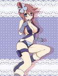  blue_eyes blush boots breasts cleavage fuuro_(pokemon) gloves gym_leader hair_accessory hair_ornament pokemon red_hair shorts shy smile suspenders 