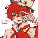  1boy black_eyes coat english_text fukase hat highres looking_at_viewer male_focus mini_flag mismatched_sclera nufisu red_hair simple_background solo tongue tongue_out top_hat vocaloid white_background white_coat 