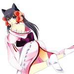  animal_ears bare_shoulders black_hair blue_eyes blush bow hair_ribbon highres hijiri-tukasa japanese_clothes kneeling long_hair looking_back open_mouth otome_youkai_zakuro pink_bow ribbon socks solo white_legwear zakuro_(otome_youkai_zakuro) 