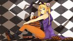  animal_ears asymmetrical_clothes blonde_hair blue_eyes boots bunny_ears bunnysuit card checkered dice face hair_ornament holding holding_card jacket leg_lift mismatched_legwear orange_legwear original pantyhose pointy_ears shirabi sitting solo striped striped_legwear 