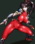  bad_id bad_pixiv_id bodysuit breasts brown_hair collarbone covered_nipples fighting_stance fingerless_gloves fjt_(fjym2) gloves green_eyes groin large_breasts lowres navel nipples ponytail puffy_nipples red_gloves sandals skin_tight solo soulcalibur taki_(soulcalibur) thighs weapon 