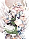  atoki bloomers blue_eyes ghost hairband hat highres holding_hands konpaku_youmu konpaku_youmu_(ghost) multiple_girls pink_hair saigyouji_yuyuko short_hair silver_hair touhou underwear 